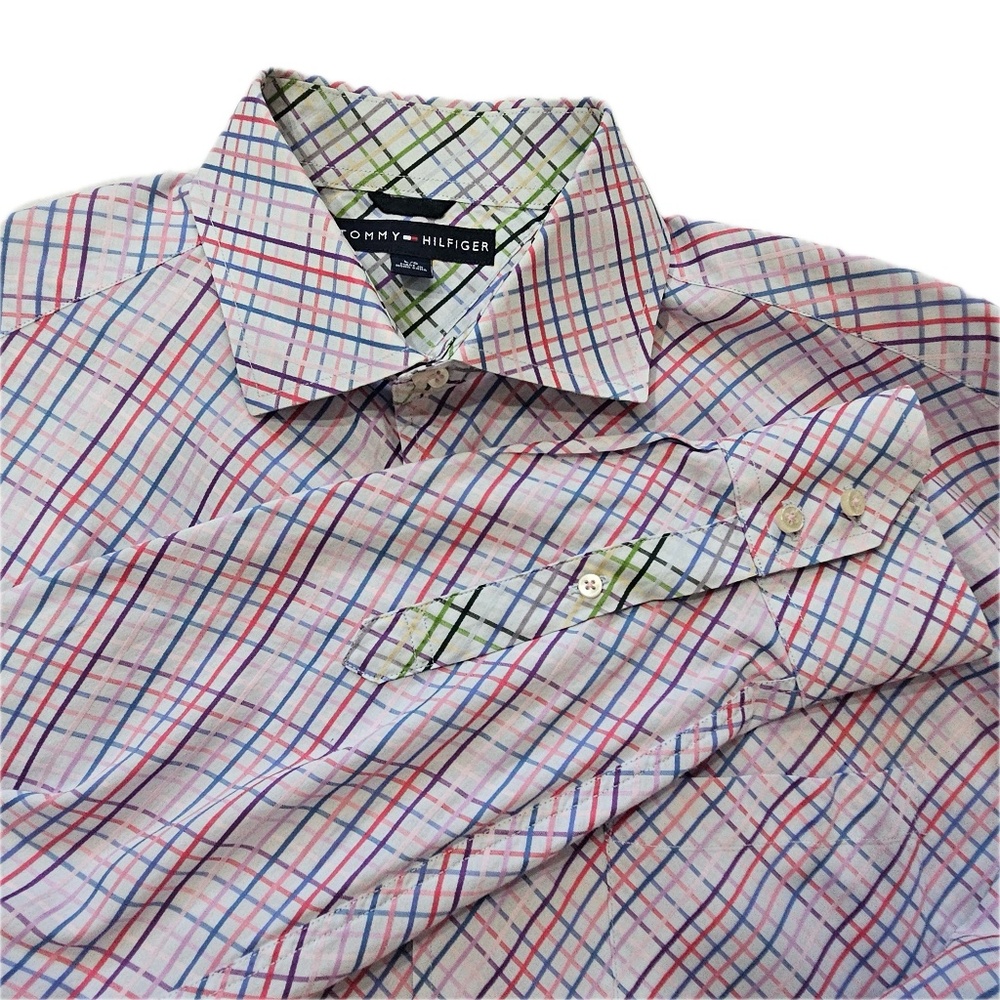 Tommy Hilfiger Shirt Mens L Pink Plaid Button Up Long Sleeve Cotton Casual